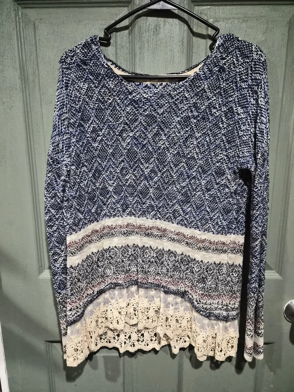 Jolt Navy Multi-Color Knit Crewneck Sweater with Cream Lace Hem